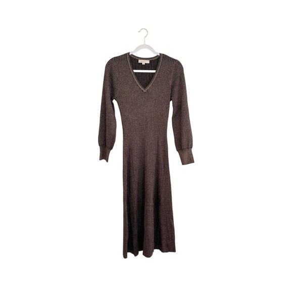 LOFT Gold Black Shimmer Ribbed V-Neck Midi Sweater Dress Blouson Sleeves - Picture 11 of 13
